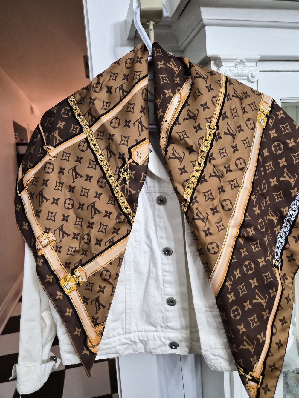 Louis Vuitton Brown & Tan Monogram Silk Scarf with Gold Accents - Picture 4 of 7